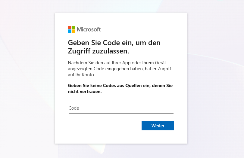 Microsoft Device-Code-Login-Seite, deutsche Lokalisierung